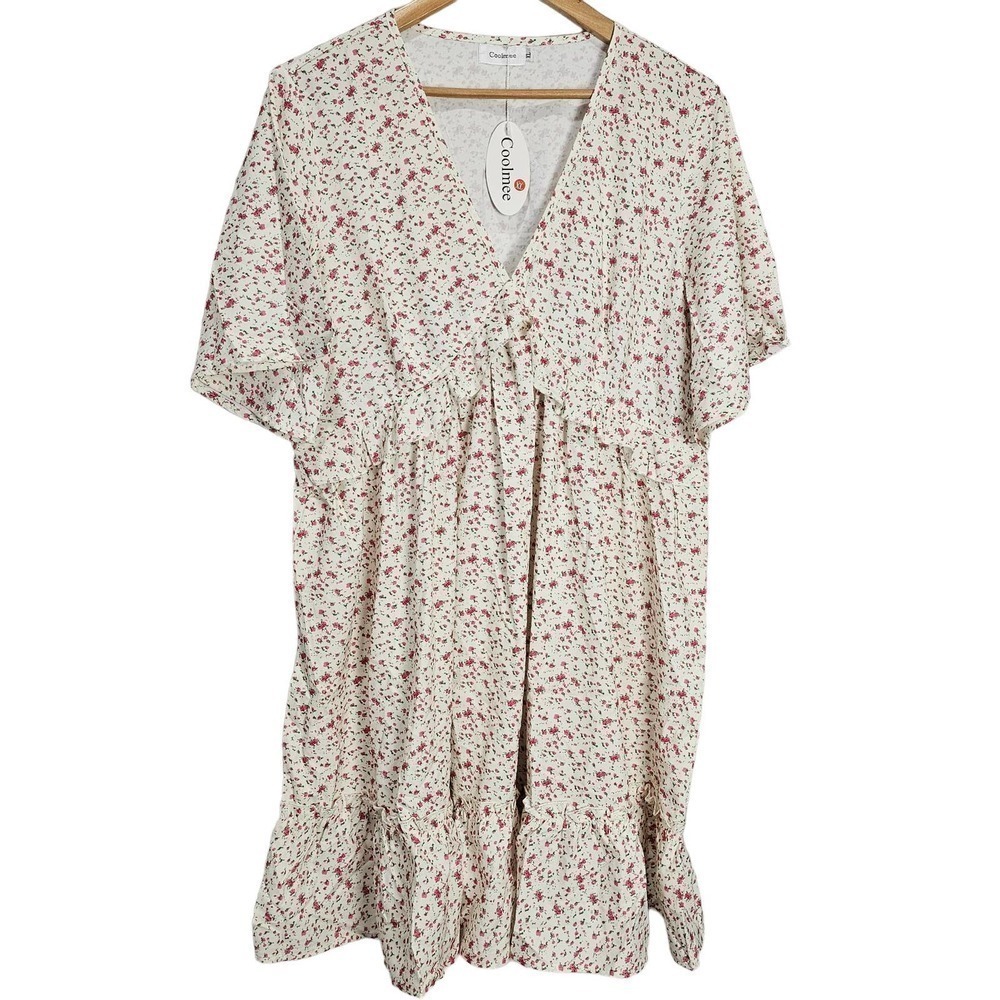 Floral Dress Womens XL Flutter Sleeve Pink Flowers V-Neck Ruffles Casual